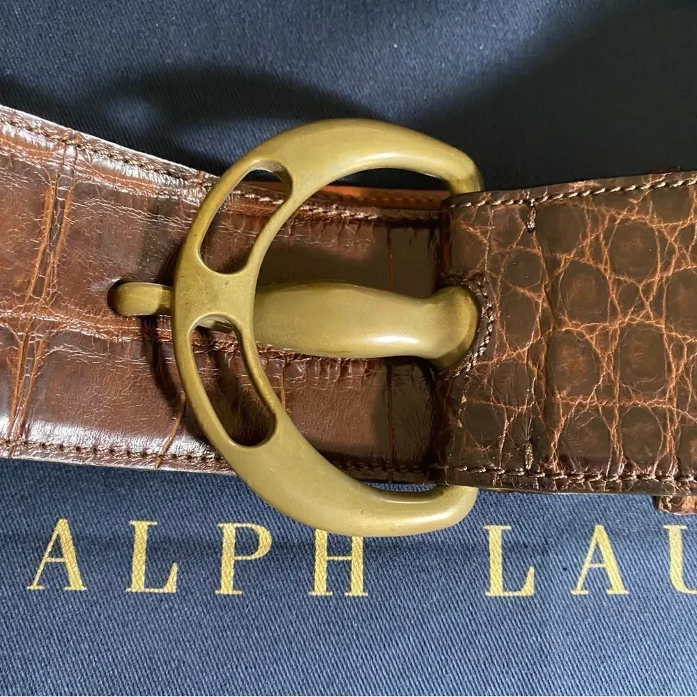 *Vintage Fall 2006 Runway Collection Brown Alligator Brass Buckle Contour Belt - Picture 5 of 16
